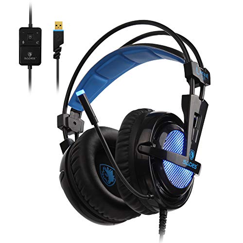 SADES Locust Plus 7.1 Virtual Surround Sound, USB Gaming Headset mit Mikrofon für PC, Over-Ear-Kopfhörer, farbige RGB-Beleuchtung, Rauschunterdrückung & Lautstärkeregler, geeignet für Laptop