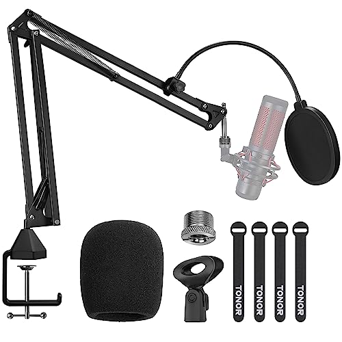 TONOR Mikrofon Ständer, einstellbarer Mikrofonarm mit Popschutz, 3/8' bis 5/8' Adapter, Mikrofonclip, verbesserte Hochleistungsklemme für HyperX QuadCast Blue Yeti Rode Elgato etc. Microphone (T20)